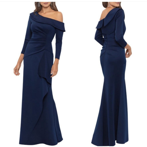 XCAPE Stretch Scuba Crepe Off-the-Shoulder Long Sleeve Mermaid Gown Navy, 16 - Picture 1 of 12
